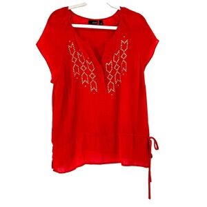 a.n.a. Women's Sheer Tie Drop Waist Blouse Size XL Red Studded V-Neck Breazy